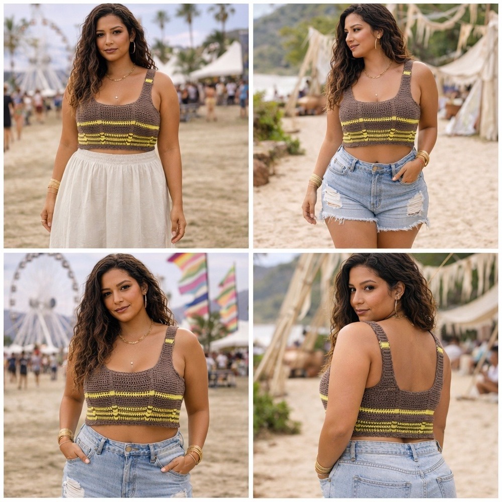 Free People Beach Crochet Knit Crop Tank Top‎ Womens Large Brown Boho Festival